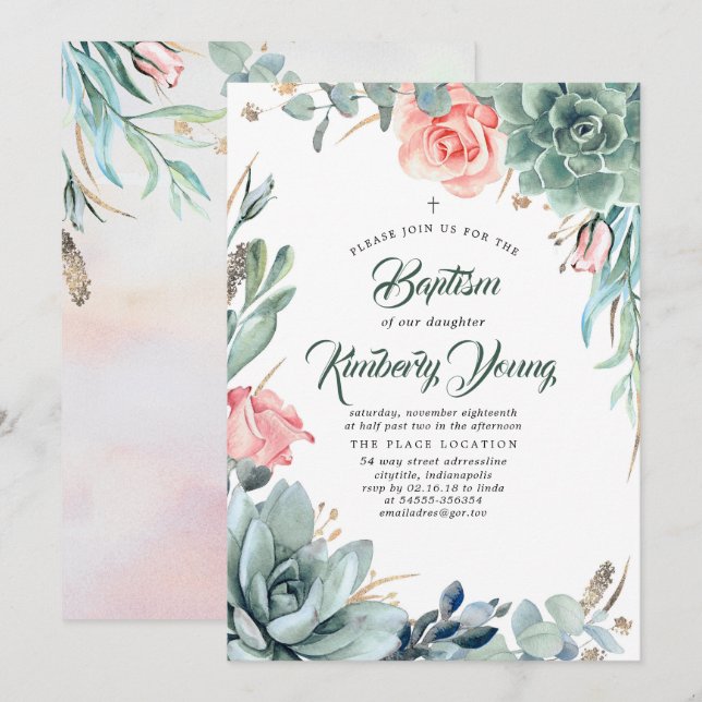 Succulents Greenerity and Pink Rose Girl Baptism Einladung (Vorne/Hinten)