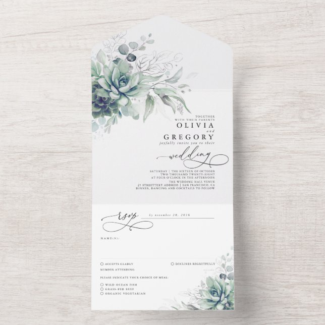 Succulents Greenerity and Silver Blätter Wedding All In One Einladung (Innen Boden)