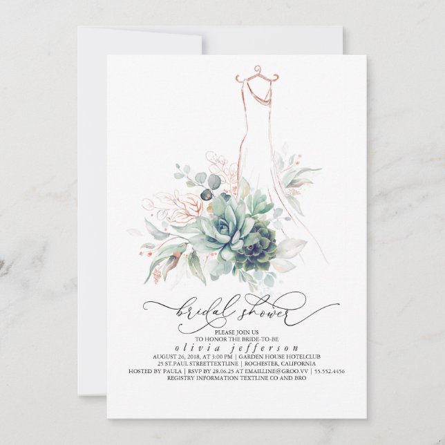 Succulents Greenerity Wedding Dress Brautparty in Einladung (Vorderseite)