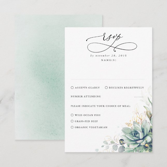 Succulents Greenery and Gold Wedding RSVP Karte (Vorne/Hinten)