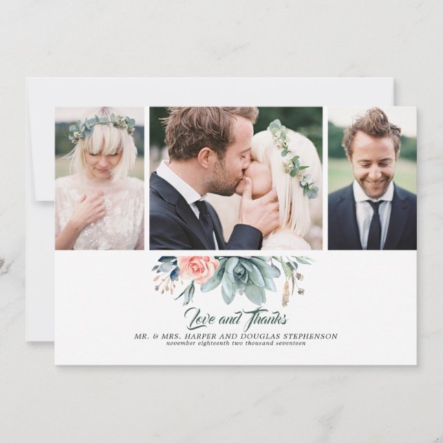 Succulents Greenery and Pink Rose 3 Fotos Hochzeit Dankeskarte (Vorderseite)