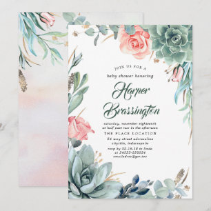 Succulents Greenery and Pink Rose Baby Shower Einladung