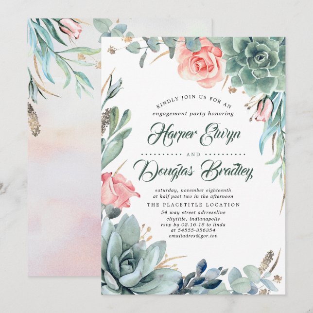 Succulents Greenery and Pink Rose Engagement Party Einladung (Vorne/Hinten)