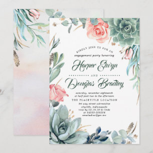 Succulents Greenery and Pink Rose Engagement Party Einladung