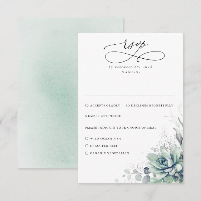 Succulents Greenery and Silver Wedding RSVP Karte (Vorne/Hinten)