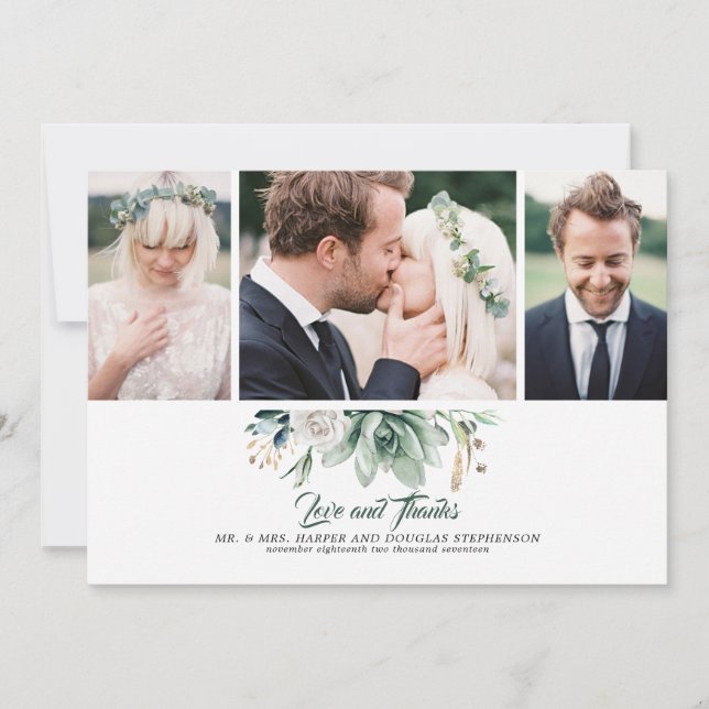 Succulents Greenery and White Rose Wedding Fotos Dankeskarte (Vorderseite)