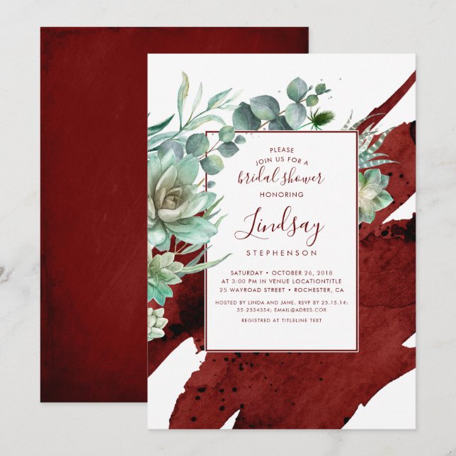 Succulents Greenery Burgundy Red Brautparty Einladung (Vorne/Hinten)