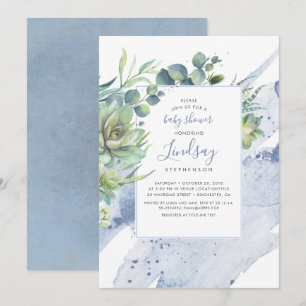 Succulents Greenery Dusty Blue Baby Shower Einladung