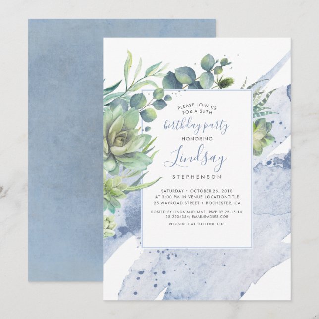 Succulents Greenery Dusty Blue Birthday Party Einladung (Vorne/Hinten)