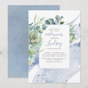 Succulents Greenery Dusty Blue Birthday Party Einladung