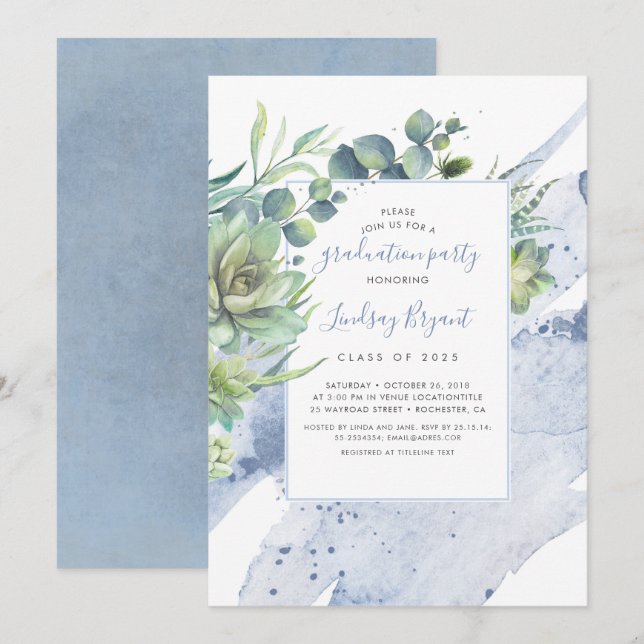 Succulents Greenery Dusty Blue Graduation Party Einladung (Vorne/Hinten)