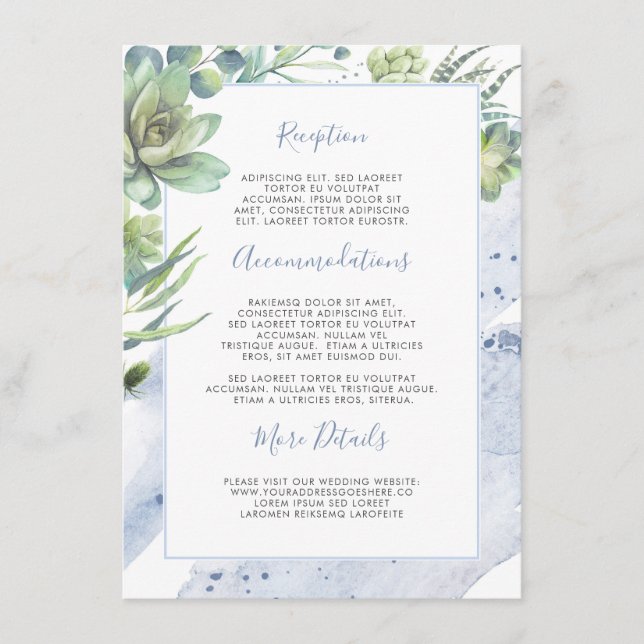 Succulents Greenery Dusty Blue Wedding Information Begleitkarte (Vorderseite)