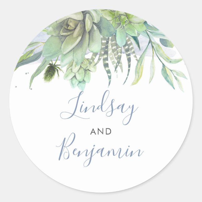 Succulents Greenery Dusty Blue Wedding Runder Aufkleber (Vorderseite)