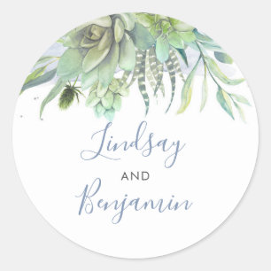 Succulents Greenery Dusty Blue Wedding Runder Aufkleber
