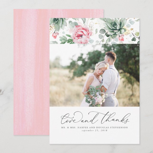 Succulents Greenery Elegant Pink Wedding Vielen Da Dankeskarte (Vorne/Hinten)