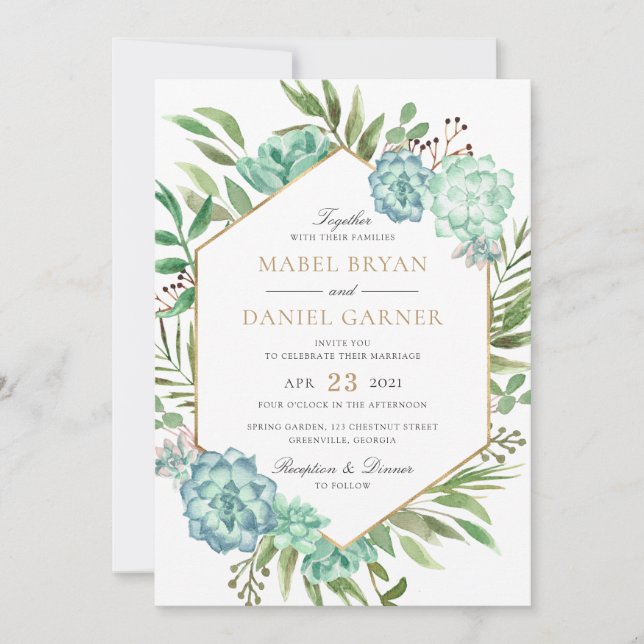 Succulents Greenery Geometric Gold Frame Wedding Einladung (Vorderseite)