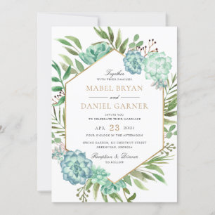 Succulents Greenery Geometric Gold Frame Wedding Einladung