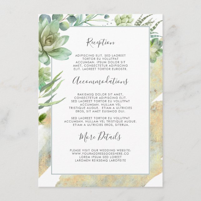 Succulents Greenery Gold Hochzeitsinformationen Begleitkarte (Vorderseite)