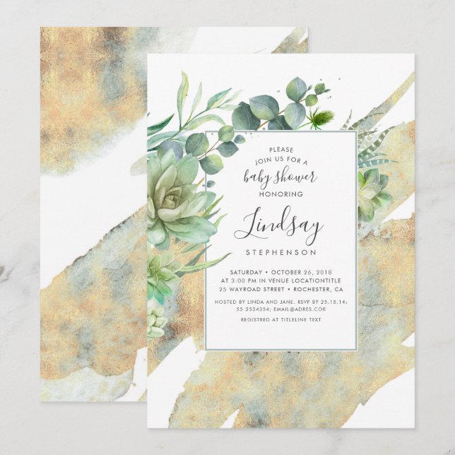 Succulents Greenery Gold Watercolor Babydusche Einladung (Vorne/Hinten)