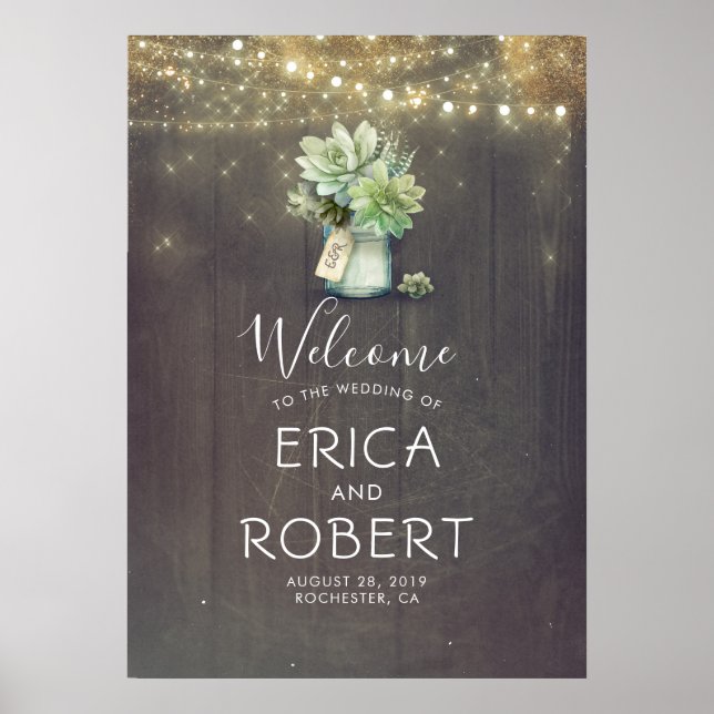 Succulents Greenery Mason Jar Rustic Wedding Poster (Vorne)