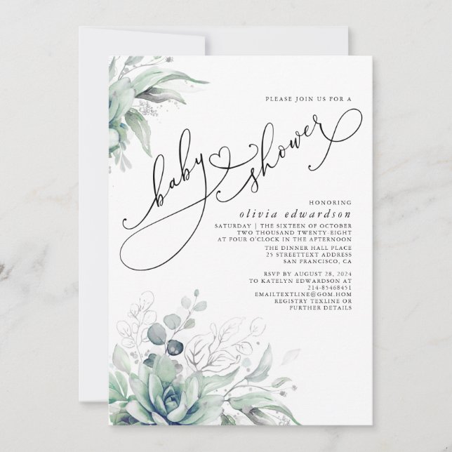 Succulents Greenery Niedlich Elegant Baby Shower I Einladung (Vorderseite)