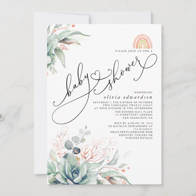 Succulents Greenery Niedlich Rainbow Baby Shower I Einladung (Vorderseite)
