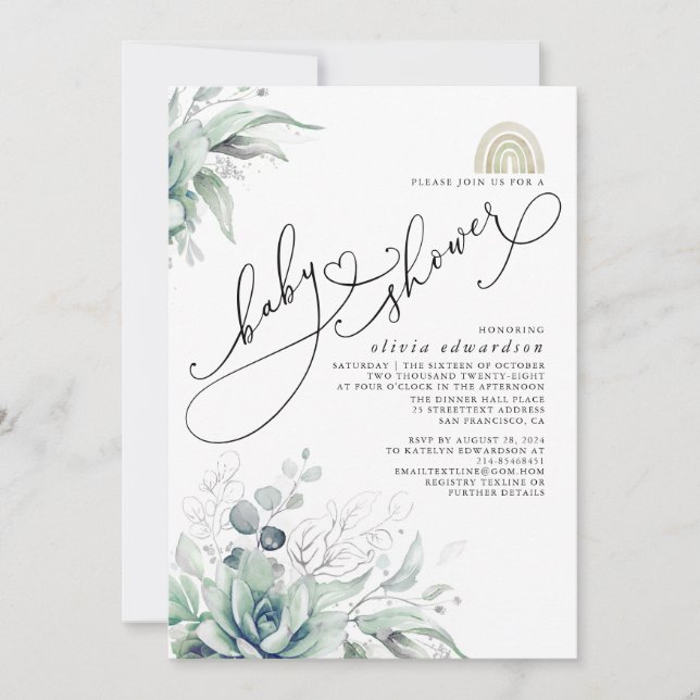 Succulents Greenery Niedlich Rainbow Baby Shower I Einladung (Vorderseite)