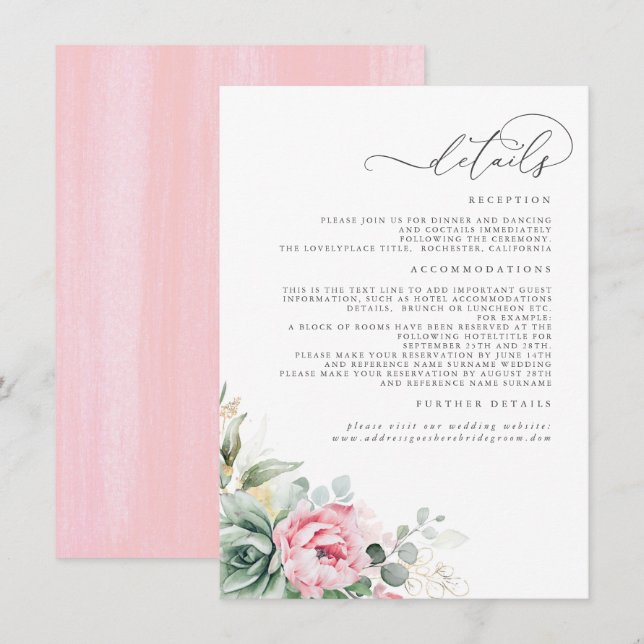 Succulents Greenery Pink Floral Hochzeitsdetails Begleitkarte (Vorne/Hinten)