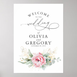 Succulents Greenery Pink Floral Wedding Willkommen Poster