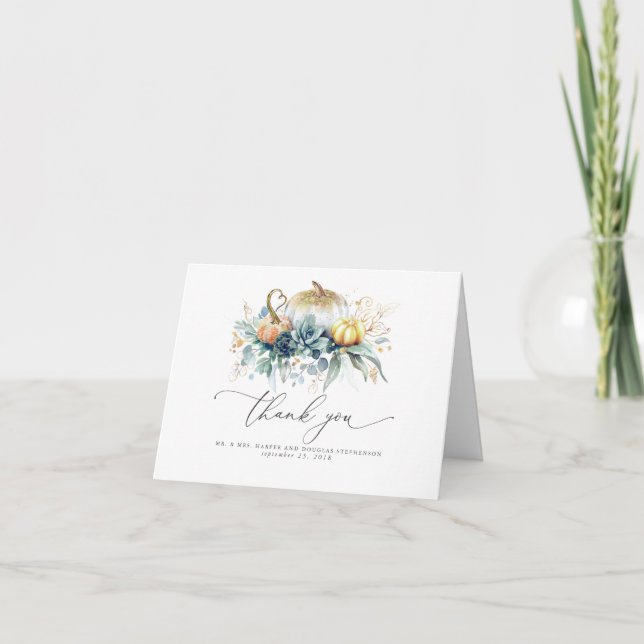 Succulents Greenery Pumpkins Wedding Vielen Dank Dankeskarte (Vorderseite)