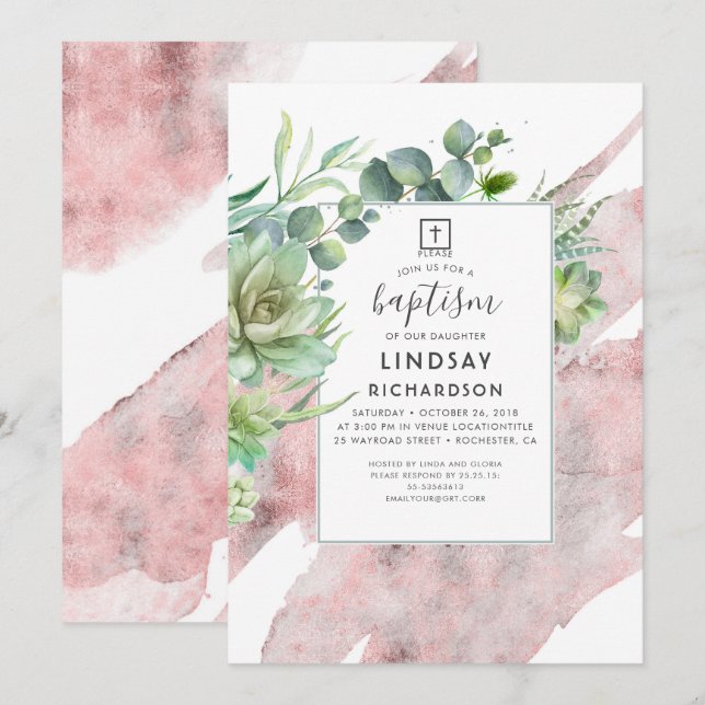 Succulents Greenery Rose Gold Glitzer Taufe Einladung (Vorne/Hinten)