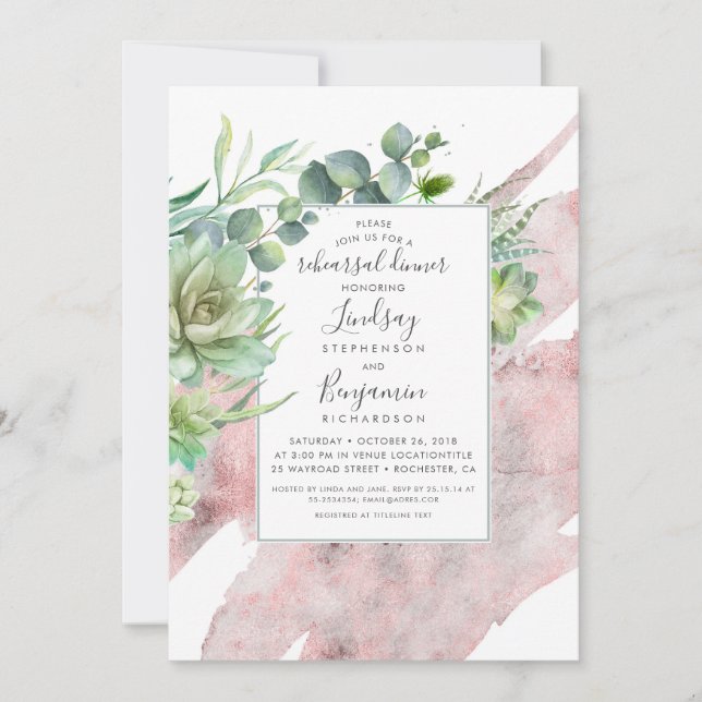 Succulents Greenery Rose Gold Probe Abendessen Einladung (Vorderseite)