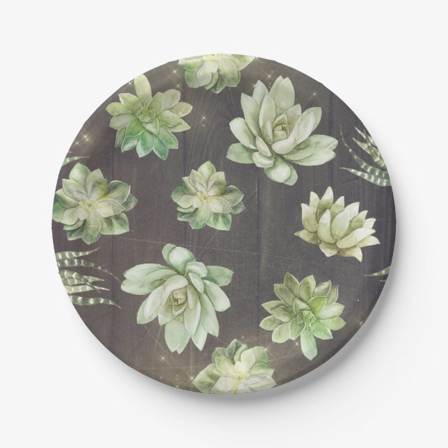 Succulents Greenery Rustic Wood Wedding Pappteller (Vorderseite)