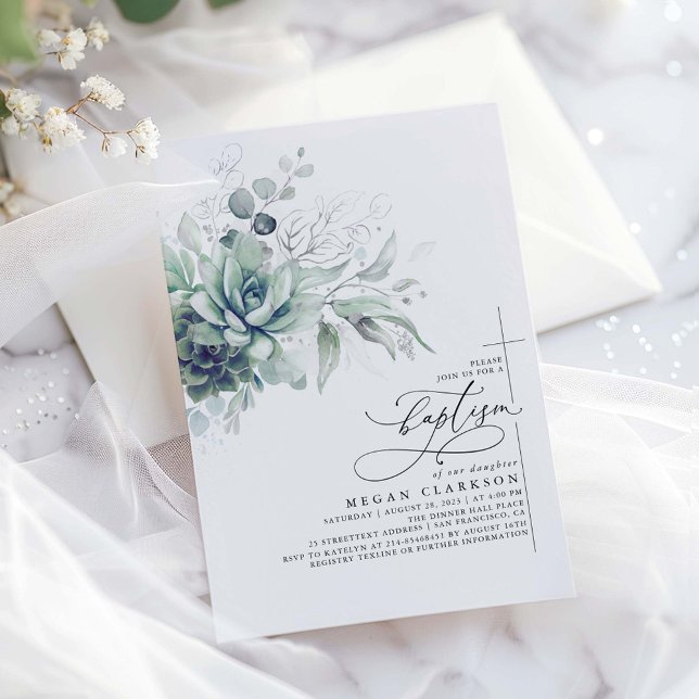 Succulents Greenery Silver Blätter Elegante Taufe Einladung (Silver Greenery Baptism Invitation)