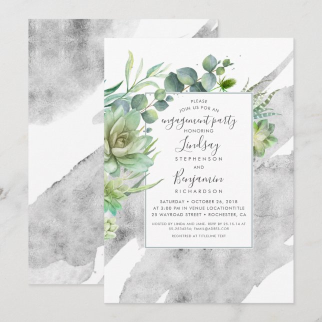 Succulents Greenery Silver Foil Engagement Party Einladung (Vorne/Hinten)