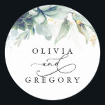 Succulents Greenery Wedding Classic Round Sticker<br><div class="desc">Grünpflanzen,  Sukkulente,  goldene Blätter Hochzeitsaufkleber</div>