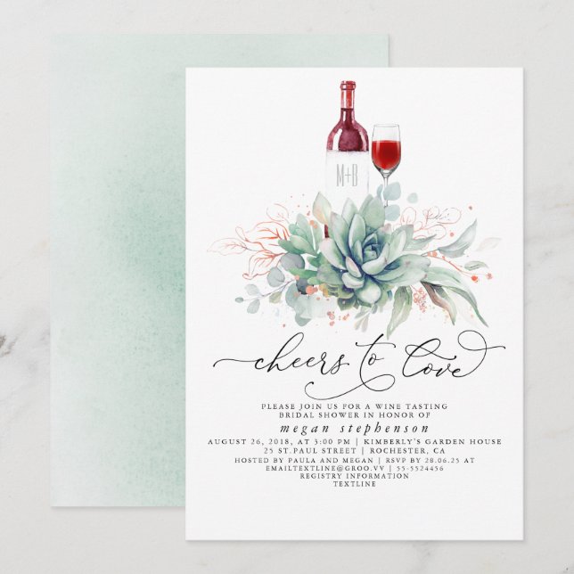 Succulents Greenery Weinverkostung Brautparty Inv Einladung (Vorne/Hinten)
