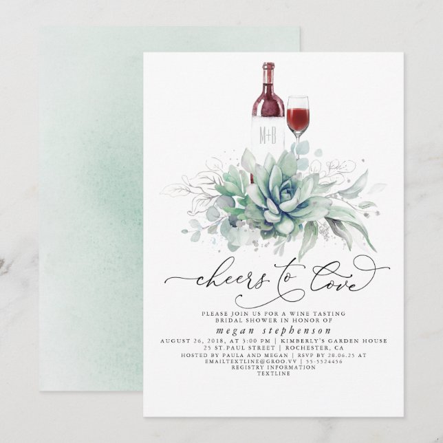 Succulents Greenery Weinverkostung Brautparty Inv Einladung (Vorne/Hinten)