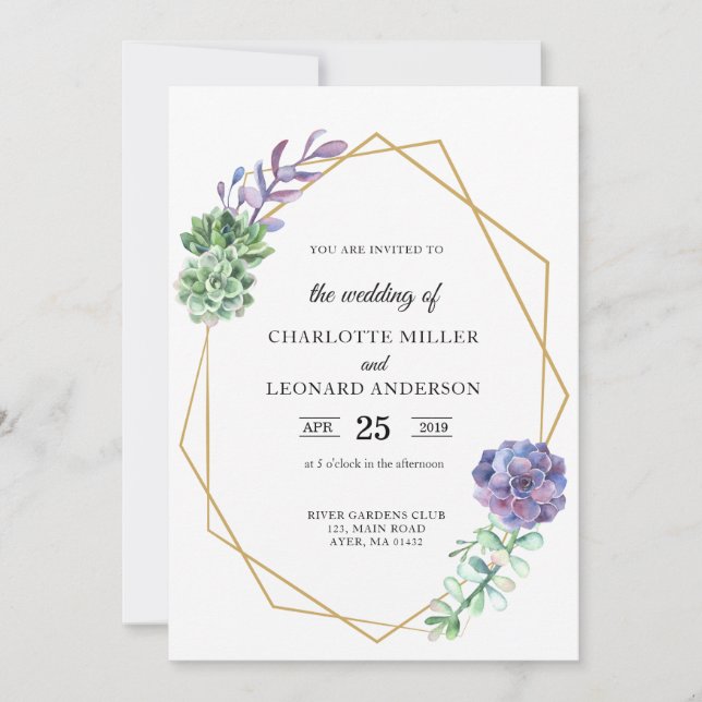 Succulents lila Hochzeitseinladung Gold elegant Einladung (Vorderseite)