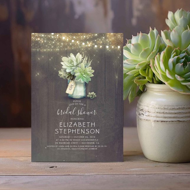 Succulents Mason Jar Rustic Country Brautparty Einladung (Rustic Mason Jar and Succulents Bridal Shower Invitations)