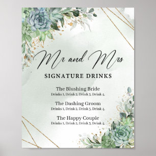 Succulents Mr and Mrs signature drinks sign Poster