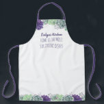 Succulents - Name's Kitchen and Custom Tagline Schürze<br><div class="desc">Wasserfarbene Sukkulente in lila und grüner Farbe schmücken diese personalisierte Schürze mit attraktiven Rändern am oberen und unteren Rand und koordinierenden Krawatte. Die Vorlage ist Set für Sie, um so viel Text wie Sie möchten zu bearbeiten. Die komische Beispielaussage, die Sie gerne behalten haben, lautet: "[Ihr Name]'s Kitchen - Zuhause...</div>