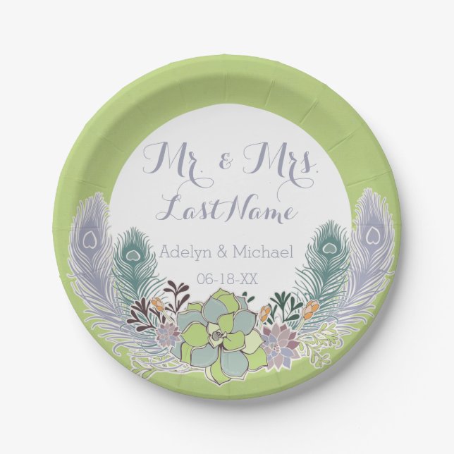 Succulents-Pfau versieht Hochzeits-PapierTeller Pappteller (Vorderseite)