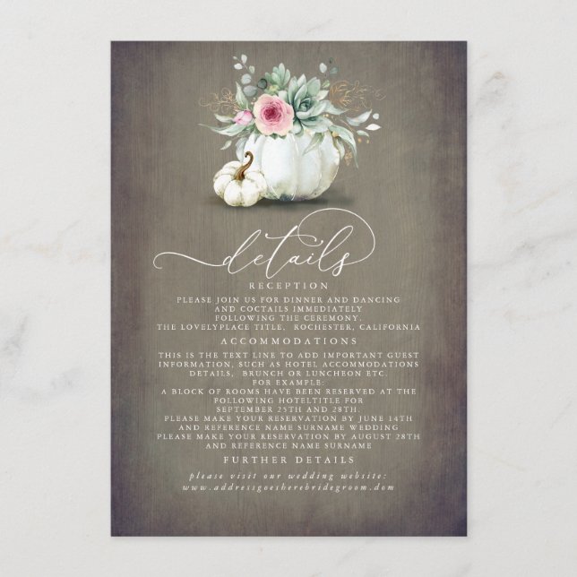 Succulents Pumpkins Gold Blätter Hochzeitdetails Begleitkarte (Vorderseite)