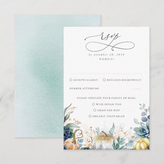 Succulents Pumpkins Grüne und Gold Wedding RSVP (Vorne/Hinten)