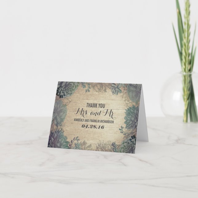 Succulents Rustic Wood Wedding Vielen Dank Dankeskarte (Vorderseite)