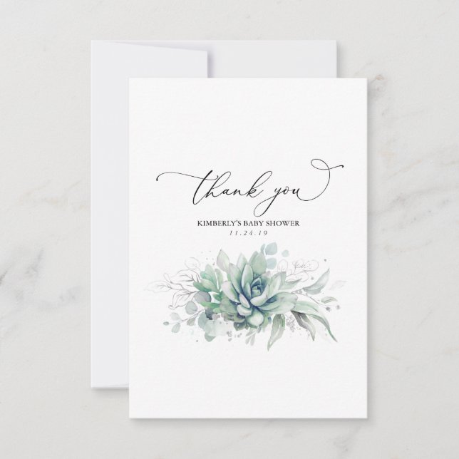 Succulents Silver Greenery Baby Shower Vielen Dank Dankeskarte (Vorderseite)