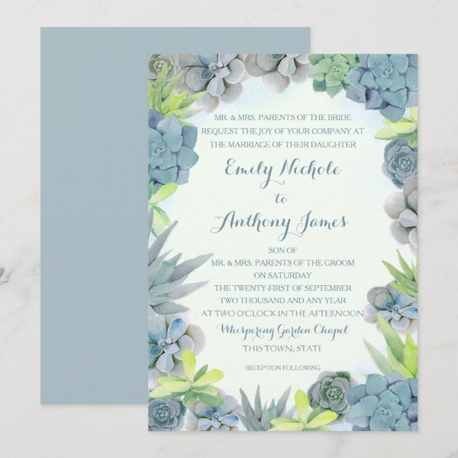 Succulents Smokey Blue Wedding Watercolor Einladung (Vorne/Hinten)