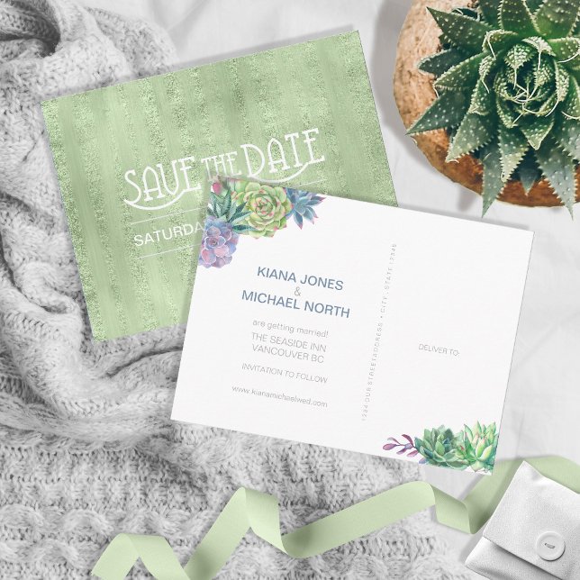 Succulents und Sparkle Save the Date Green ID515 Ankündigungspostkarte (Von Creator hochgeladen)