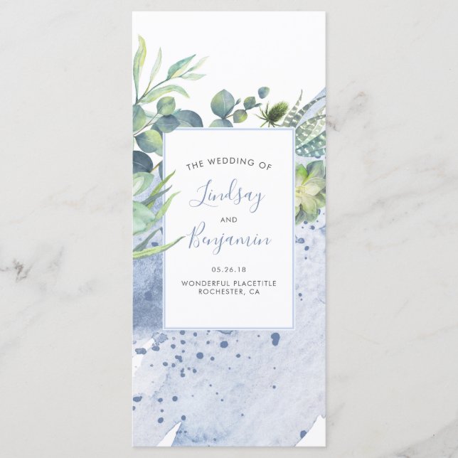 Succulents Verdure Dusty Blue Wedding Programmes (Devant)